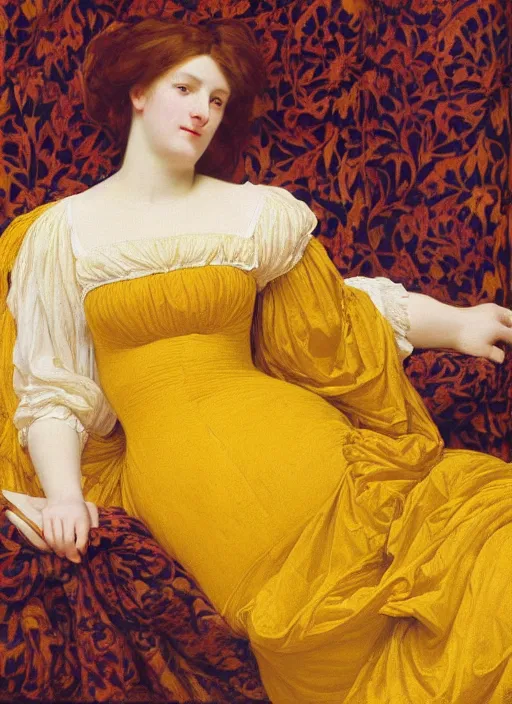 Image similar to masterpiece portrait of lady reclining on spilling flowing bed wearing yellow ochre ornate medieval dress, vertical, foreshortening, colour photography by frederic leighton, william morris, 8 k