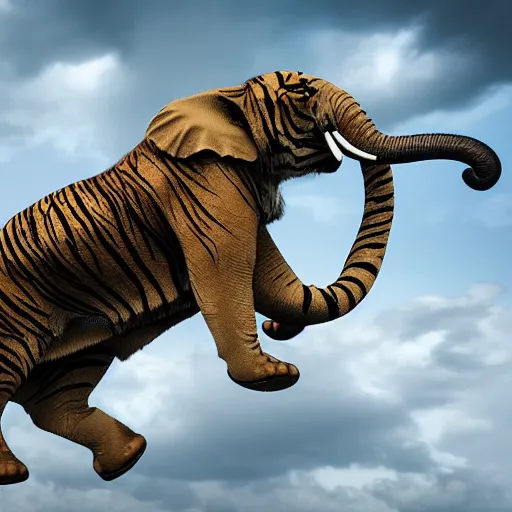 Image similar to tiger elephant flying through the skies, hyper detailed, digital art, trending in artstation, cinematic lighting, studio quality, smooth render, unreal engine 5 rendered, octane rendered, art style by klimt and nixeu and ian sprigger and wlop and krenz cushart