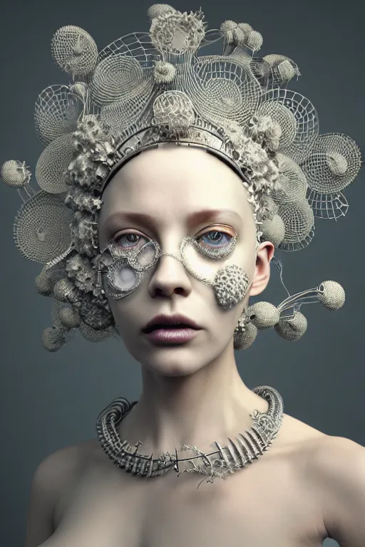 Image similar to complex 3 d render, hyper detailed ultrasharp beautiful biomechanical mandelbrot fractal steampunk filigree mesh wire female cyborg portrait with a porcelain profile face, albino afro, elegant crown with big hydrangea foliage leaves stems roots, alexander mcqueen haute couture, art nouveau fashion, octane render, 8 k