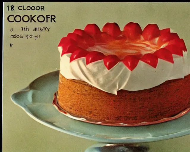 Image similar to 1970's cookbook color photograph of fancy cake sharp detail high detail