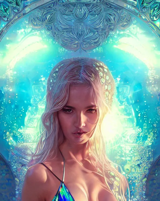 Image similar to cute woman wearing shiny plastic bikini inside an ornate bottle of iridescent liquid, alchemy, intricate, bloom, detailed, volumetric lighting, sharp focus, photorealism, digital painting, highly detailed, concept art, by by artgerm and wlop