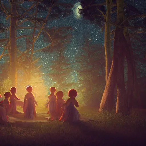 Prompt: fairies meeting in enchanted forest, starry night, art station inspired, octane render, 8 k, - hd