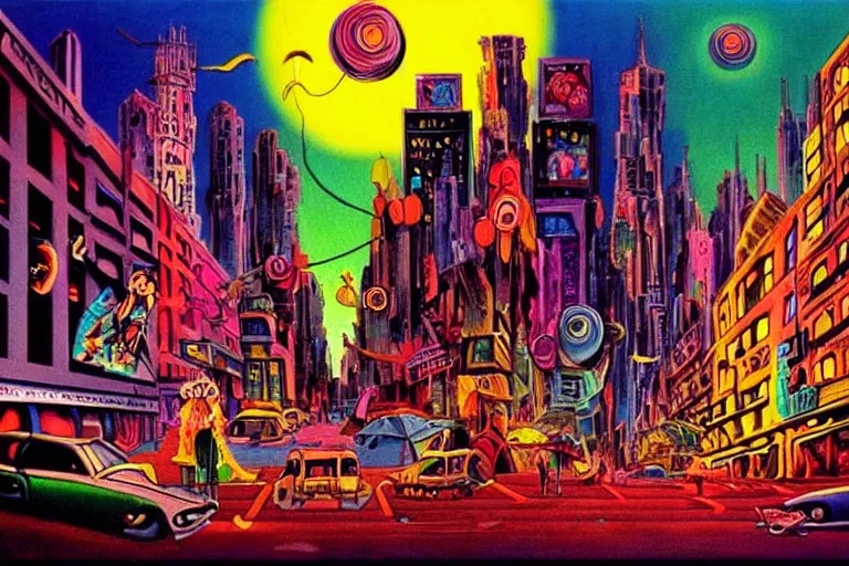 Image similar to surreal colorful nightmarish cityscape, artwork by ralph bakshi