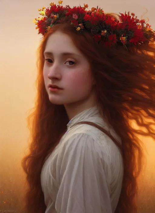 Image similar to oil painting close up portrait of a beautiful young woman with long flowing straight red hair, wearing a crown of wildflowers!! at sunset, hazy, digital art, chiaroscuro, artstation, cinematic, golden hour, digital art painting by greg rutkowski, william - adolphe bouguereau, hazy atmosphere, cinematic lighting