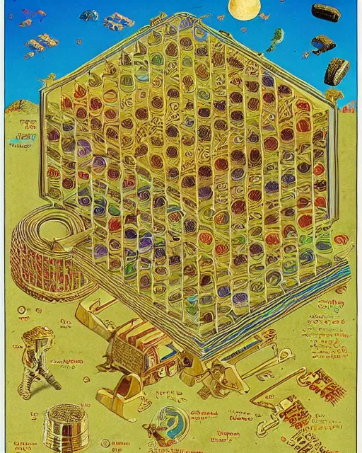 Image similar to page of the ancient codex seraphinianus with an isometric diagram explaining how the cereal factory crams all that graham into golden grahams cereal. highly - detailed infographic.