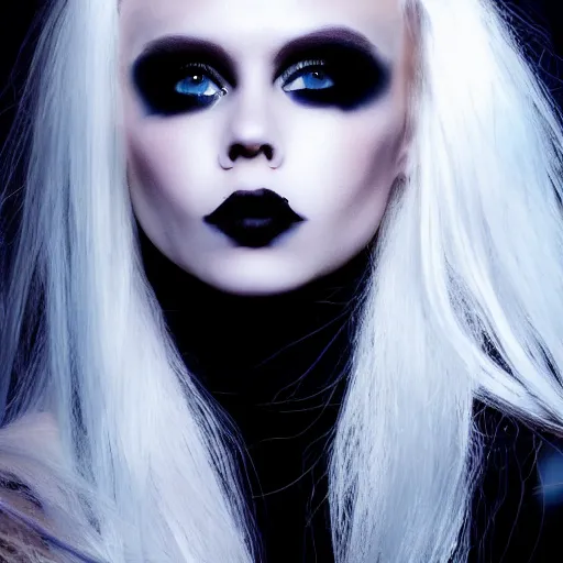 Prompt: modeling photograph kerli koiv, blonde, femme fatale, beautiful, dark, mysterious, bubble goth makeup, detailed flawless face, dramatic darkroom lighting high exposure, head and shoulders 8 0 mm camara