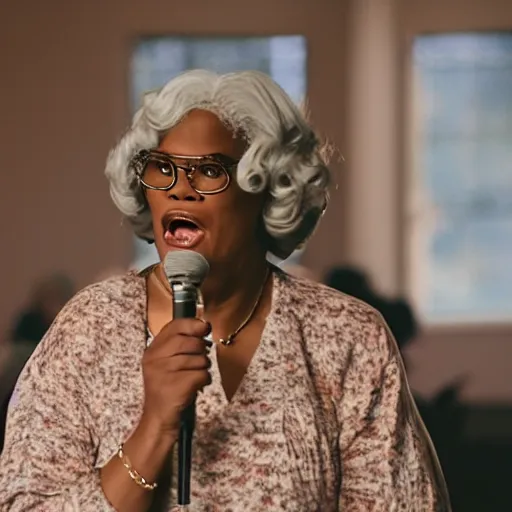 Image similar to a cinematic still of Madea preaching at a Baptist Church in Rural Tennessee, portrait, shallow depth of field, close up