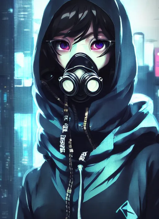 Image similar to cyberpunk anime girl in hoodie, cyberpunk gas mask, 3 / 4 shot, street night, grafity, beautiful face, grafity, arcane, action, tokyo street, detail, good face, pose model, concept art, in style of yoji shinkawa, pan ren wei, col price, atey ghailan, by greg rutkowski, aesthetic