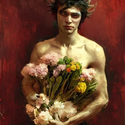 Image similar to A shy satyr holding a bundle of flowers. By Craig Mullins. By Ilya Repin. By Ruan Jia.