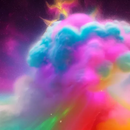 Prompt: whimsical cotton candy, rainbow colors, swirling smoke, starfield, nebula, iridescent, holographic, psychedelic, photoreal, octane render, 4k, award winning, trending on artstation