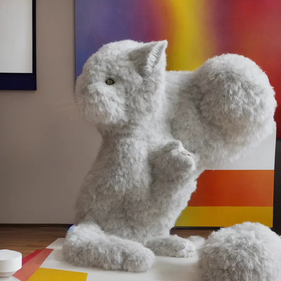 Prompt: beautiful gallery show studio photograph of a giant realistic ceramic sculpture of a fluffy cat, glazed by bridget riley and victor vasarely, placed on a polished wooden table, colorful hyperrealism 8 k trending on artstation