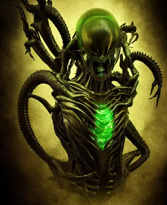 Image similar to xenomorph queen goth meditating model hybrid, dragon eggs, dark emerald mist colors, giger background liminal void, cinematic lighting, realistic, award winning photograph, various refining methods, micro macro autofocus