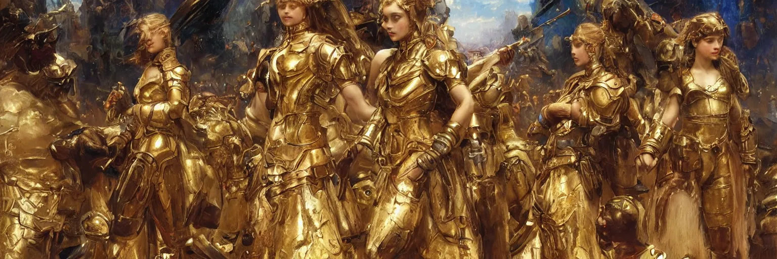 Image similar to a single young girl wearing a gold armor standing in a battlefirld, surrounded by dead bodies, extremely realistic and highly detailed painting by gaston bussiere and j. c. leyendecker 8 k