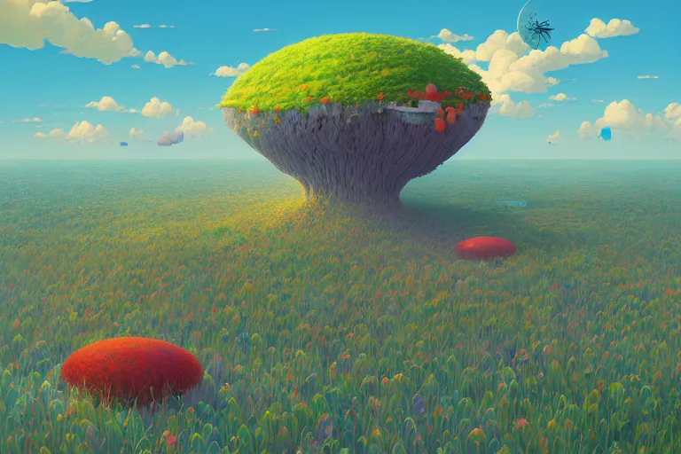 Image similar to surreal glimpse into other universe, floating island in the sky, summer morning, very coherent and colorful high contrast, art by gediminas pranckevicius, geof darrow, makoto shinkai, dark shadows, hard lighting