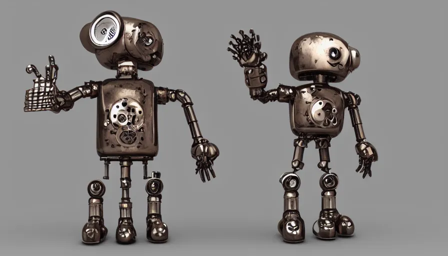 Image similar to a cute steampunk robot with human skin smiling and waving, isolated on white background, 3D occlusion