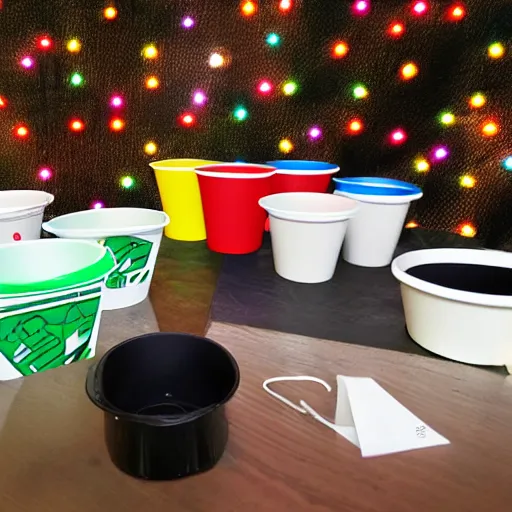 Prompt: web conference meeting with accenture and solo cups and beer pong and christmas lights