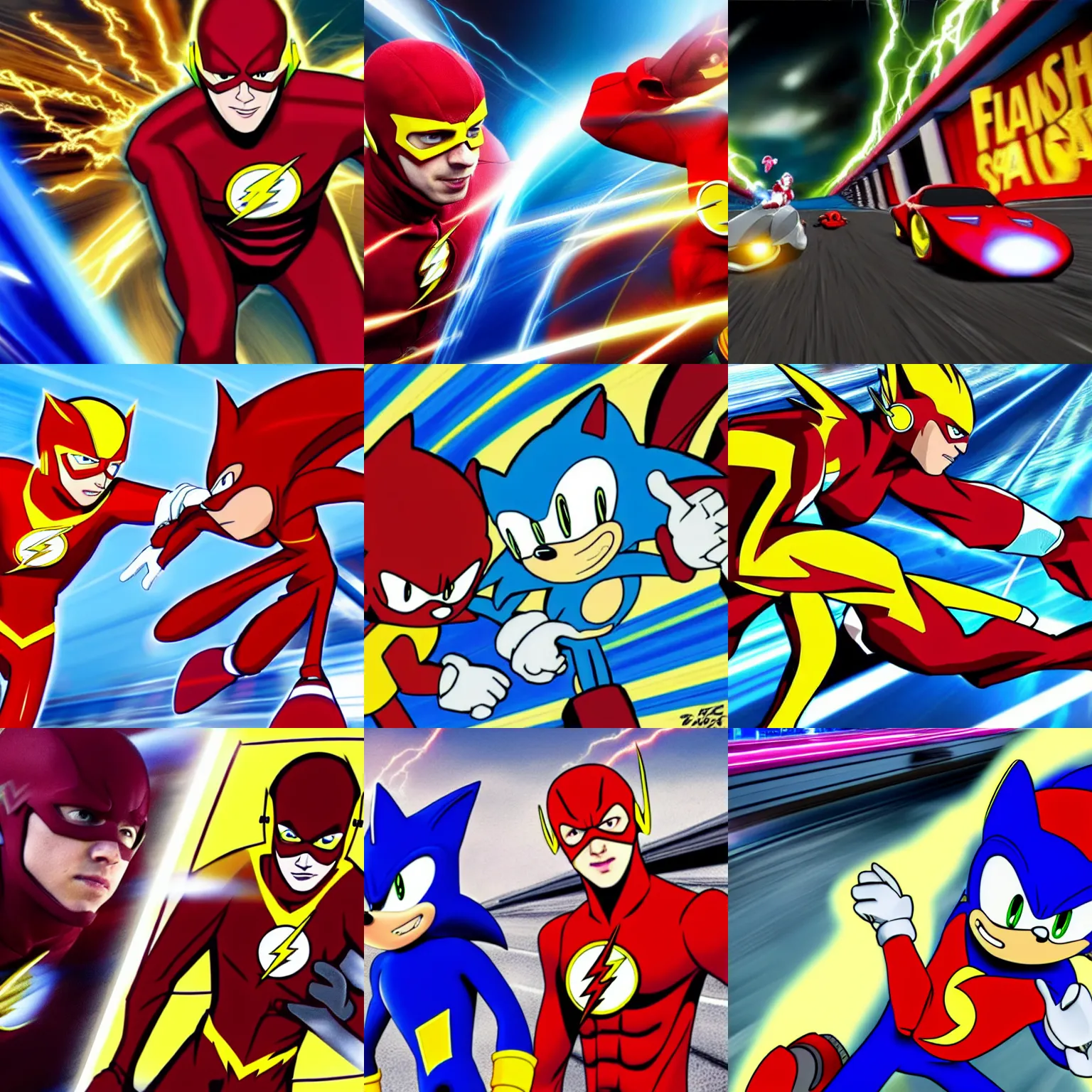 Prompt: The Flash meets Sonic the Hedgehog. Sonic racing against The Flash.