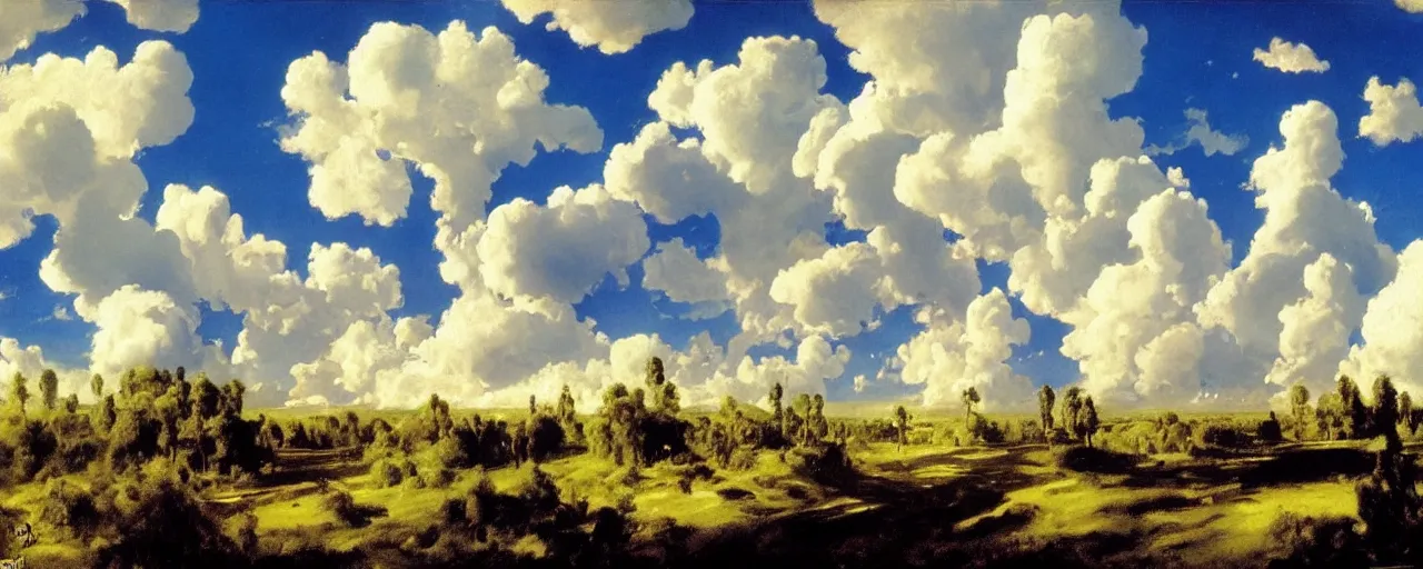 Prompt: disney illustrated background of blue sky huge clouds by eugene von guerard, ivan shishkin, john singer sargent