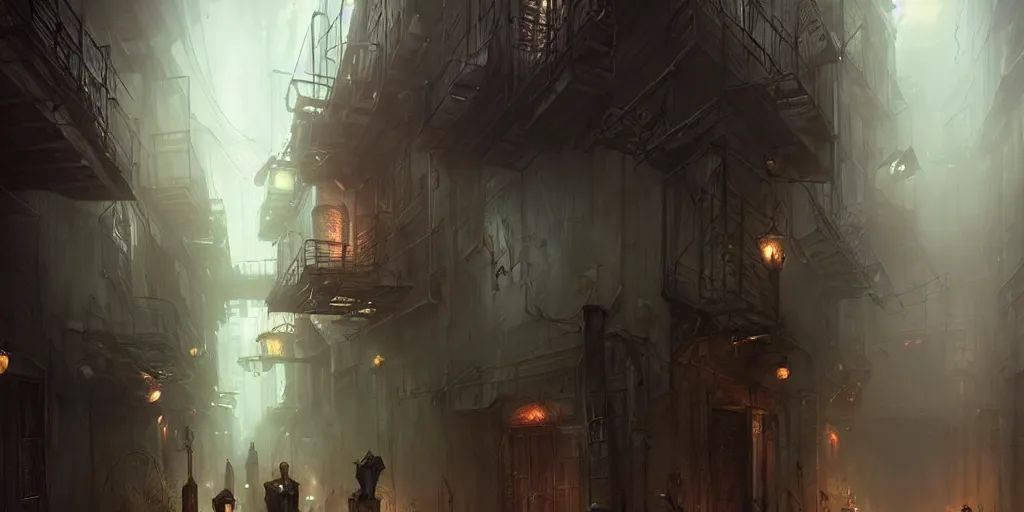 Prompt: dark city alleyway by bastien lecouffe - deharme and charles bowater, greg rutkowski, adventure game, inspired by diablo concept art