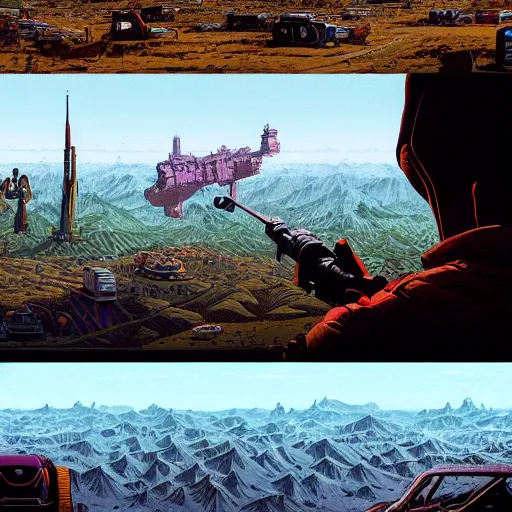 Image similar to an epic hyperdetailed matte painting of a retro vintage sci fi landscape by moebius and simon stalenhag and geoff darrow and dan mumford