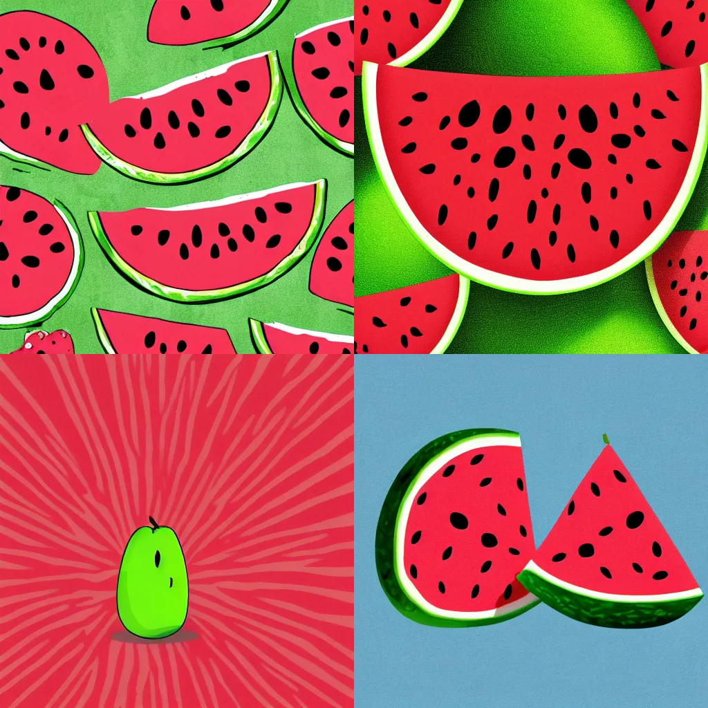 Prompt: wallpaper of a bitten watermelon slice upright, dark red pulp, happy simple face, pastel green background, digital art