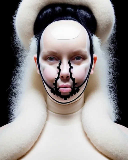 Image similar to symmetrical portrait of a curvy woman wearing a silicone embroidered beauty mask and white hair buns, wearing a black bodysuit by alexander mcqueen, cream white background, soft light, biotechnology, humanoide robot, bjork aesthetic, translucent, by rineke dijkstra, intricate details, highly detailed, masterpiece,