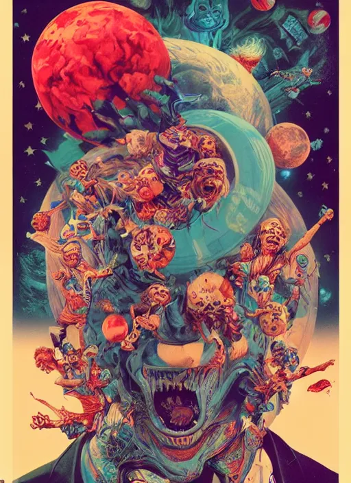 Image similar to donald trump is a clown destroying the planet, grotesque, horror, high details, intricate details, by vincent di fate, artgerm julie bell beeple, 60s, inking, vintage 60s print, screen print