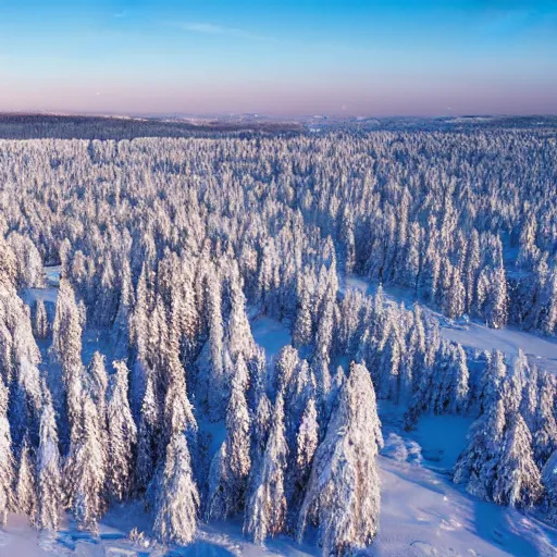 Image similar to sattelite image of post pocaliptic snow from 250 meters height, only snow, small frozen trees covered with ice and snow, old lumber mill remains, beautiful winter area