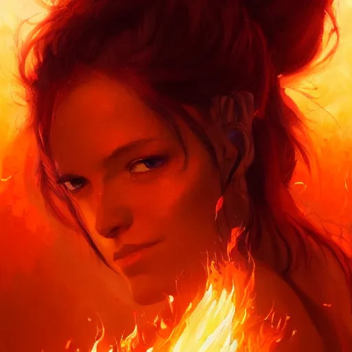 Image similar to a beautiful portrait of a fire goddess, flaming background, a detailed painting by greg rutkowski and raymond swanland, featured on cgsociety, fantasy art, detailed painting, artstation hd, photorealistic