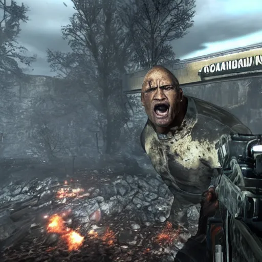 Image similar to dwayne the rock johnson, dwayne the rock johnson in the call of duty zombies map tranzit, black ops 2 tranzit, screenshot