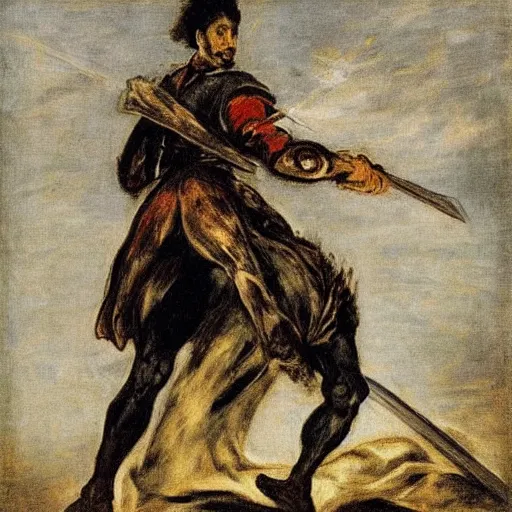 Prompt: a man with a sword on his back by el greco, diego velazquez and francisco goya.