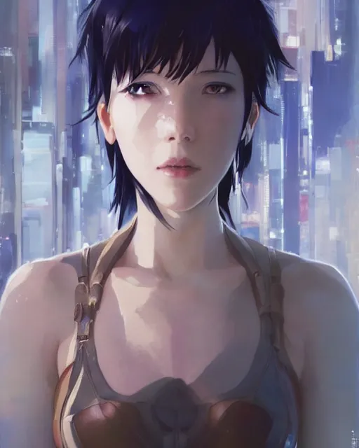 Image similar to still from ghost in the shell if made by krenz cushart and wenjun lin, portrait, illustration, rim light, top light, summer clear blue sky, perfectly shaded, soft painting, epic, intricate, art