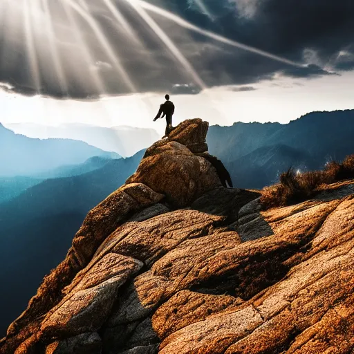 Prompt: a man climbing up a rocky mountain, no ropes, highly cinematic, dramatic, beautiful lighting, god rays, award winning photograph, national geographic, highly detailed, 4k