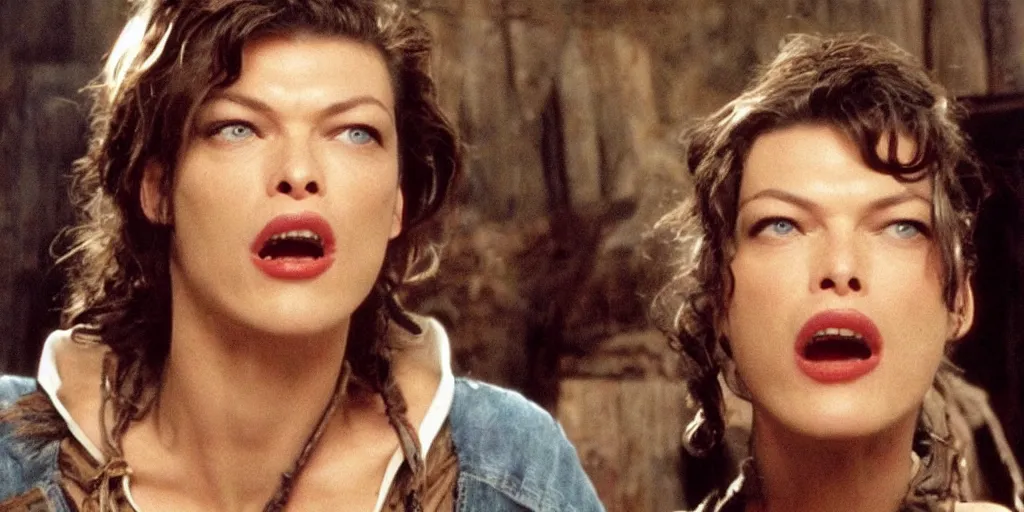 Prompt: beautiful Mila Jovovich yelling in an old west town