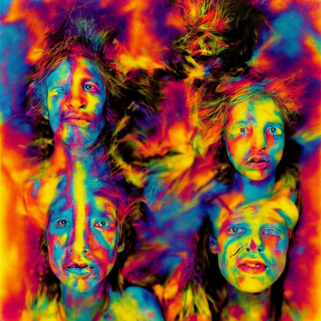 Image similar to award winning photo of a lsd trip, vivid colors, happy, symmetrical face, beautiful eyes, studio lighting, wide shot art by sally mann & arnold newman