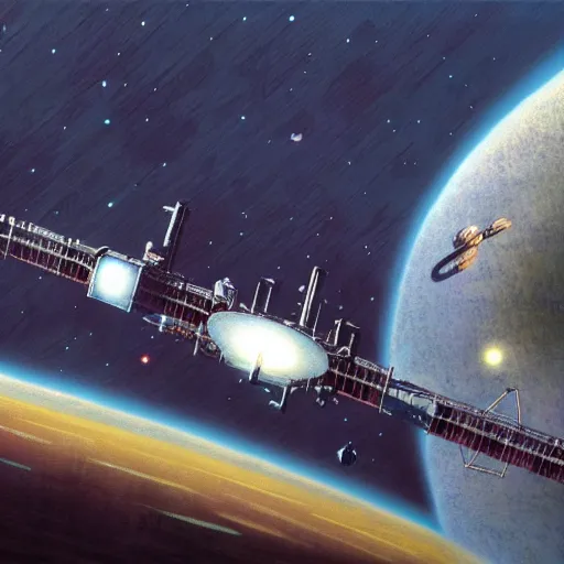 Prompt: distant view of abandoned beautiful space station floating in empty space, jean giraud, terran trade authority