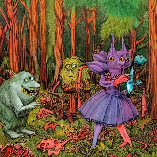 Image similar to a scene of colorful cartoon monsters in the clearing of a dark fantasy forest surrounded by darkness. hyperrealist illustration. muted colors. 1 9 7 0's pulp science fiction and fantasy cartoon for alice in wonderland and wizard of oz. highly detailed and richly colored painting by don ivan punchatz