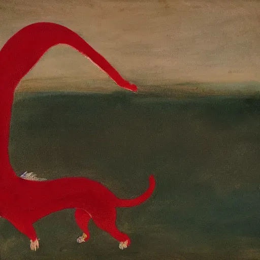 Image similar to Red long dog chasing its own tail. in the art style of William Turner. Minimalistic composition. High resolution. High details.