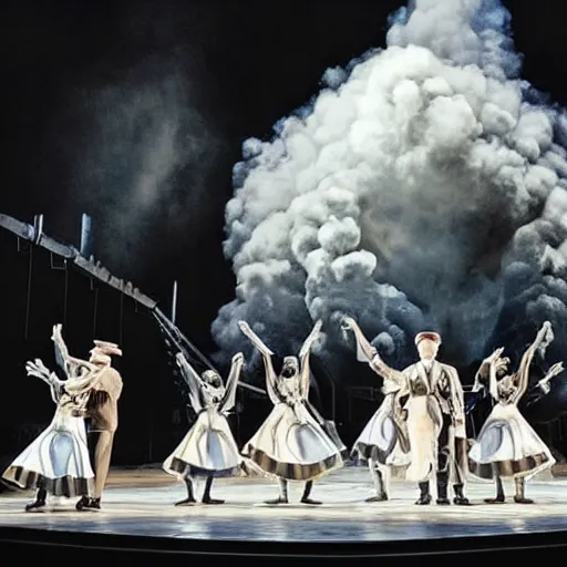 Image similar to award winning Production photo of the Hindenburg disaster the musical on broadway, dancing, singing, costumes by Julie Taymor, set design by Julie Taymor
