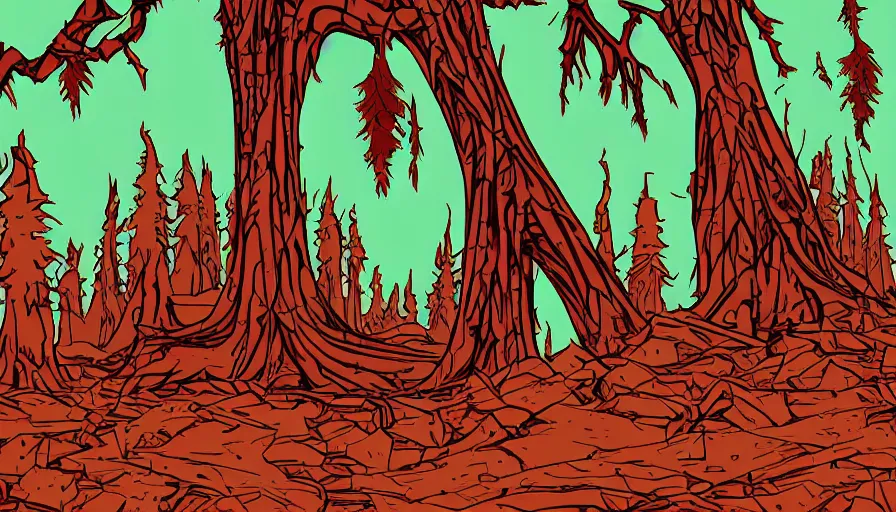 Image similar to alien ruins between towering red trees, dark, vector style drawing