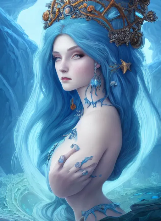 Image similar to highly detailed ilustration of a beautiful blue haired woman as a deep sea princess in a coral city of deep sea, deep focus, d & d, fantasy, intricate, elegant, highly detailed, digital painting, artstation, concept art, matte, sharp focus, illustration, hearthstone, art by artgerm and greg rutkowski and alphonse mucha