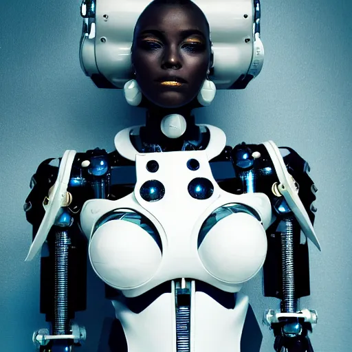 Prompt: beautiful centered fine art photo portrait of beautiful black girl with solarpunk mecha humanoid parts with led lights, sexy pudica pose gesture, photorealistic, white background, highly detailed and intricate, soft box lighting, shallow depth of field hdr 8 k