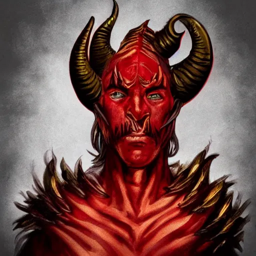 Image similar to dnd style portrait of a tiefling, male, red scales, red skin, a big black beard, completely golden eyes, 2 black ram horns growing out of his forehead,