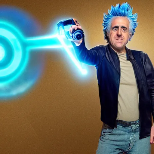 Image similar to Rick Sanchez as a real-life person, studio portrait, real-life-action movie star, holding a portal gun, opening a portal, Rick Sanchez