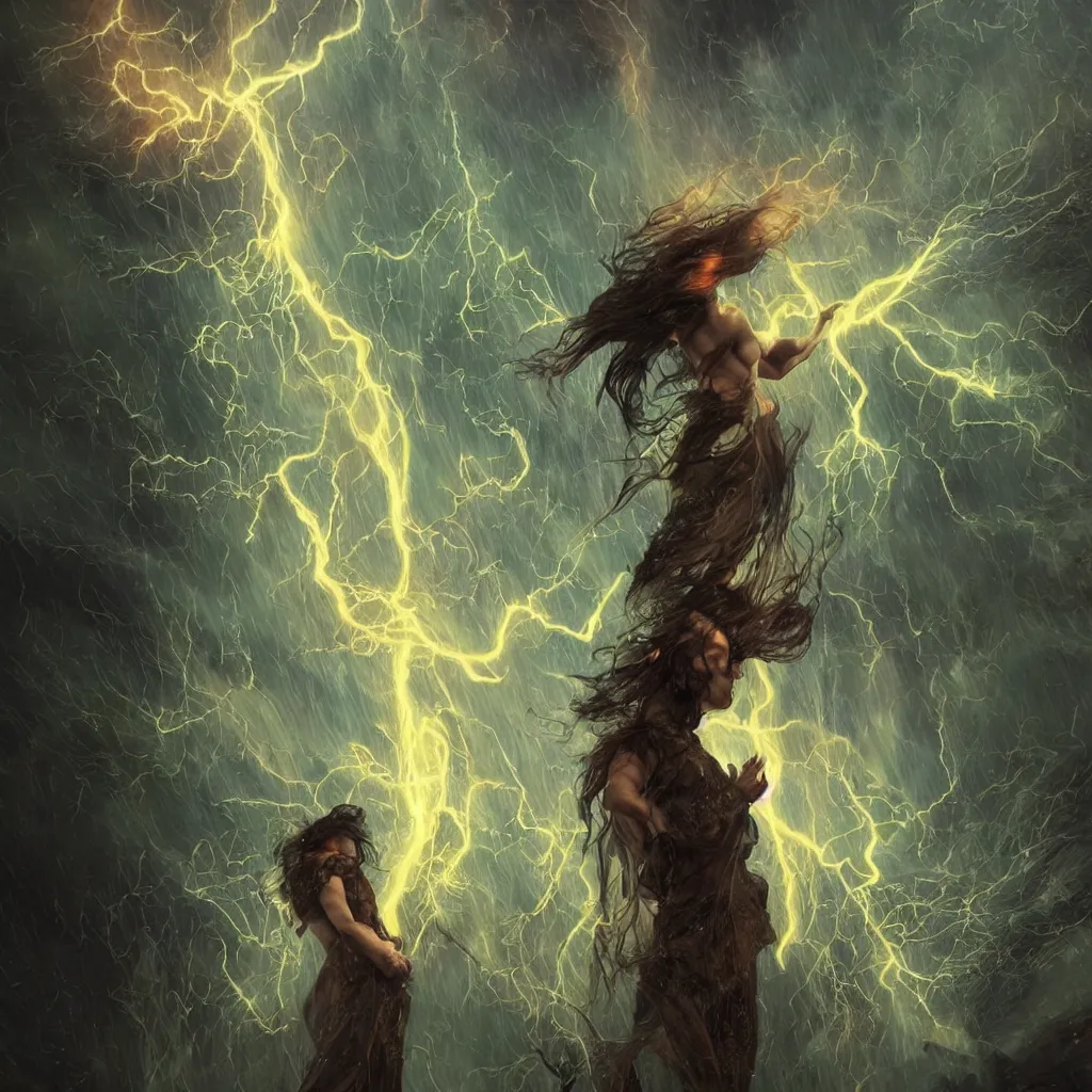 Prompt: dark towering magical firelightning storm, extreme drama, distant glowing figures, hdr, movie still, fully photorealistic, sharper luminescent focus, nd 6, art by john collier, albert aublet, krenz cushart, artem demura, alphonse mucha, diffuse lighting, artstation, smooth, textless, sharp focus,