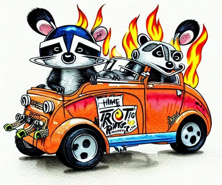 Prompt: cute and funny, racoon wearing a [ helmet with flame stickers ] riding in a tiny hot rod coupe with oversized engine, ratfink style by ed roth, centered award winning watercolor pen illustration, isometric illustration by chihiro iwasaki, edited by range murata