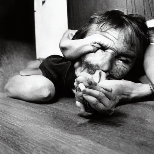 Prompt: dennis hopper crawling around on the floor of a dingy apartment, norman rockwell