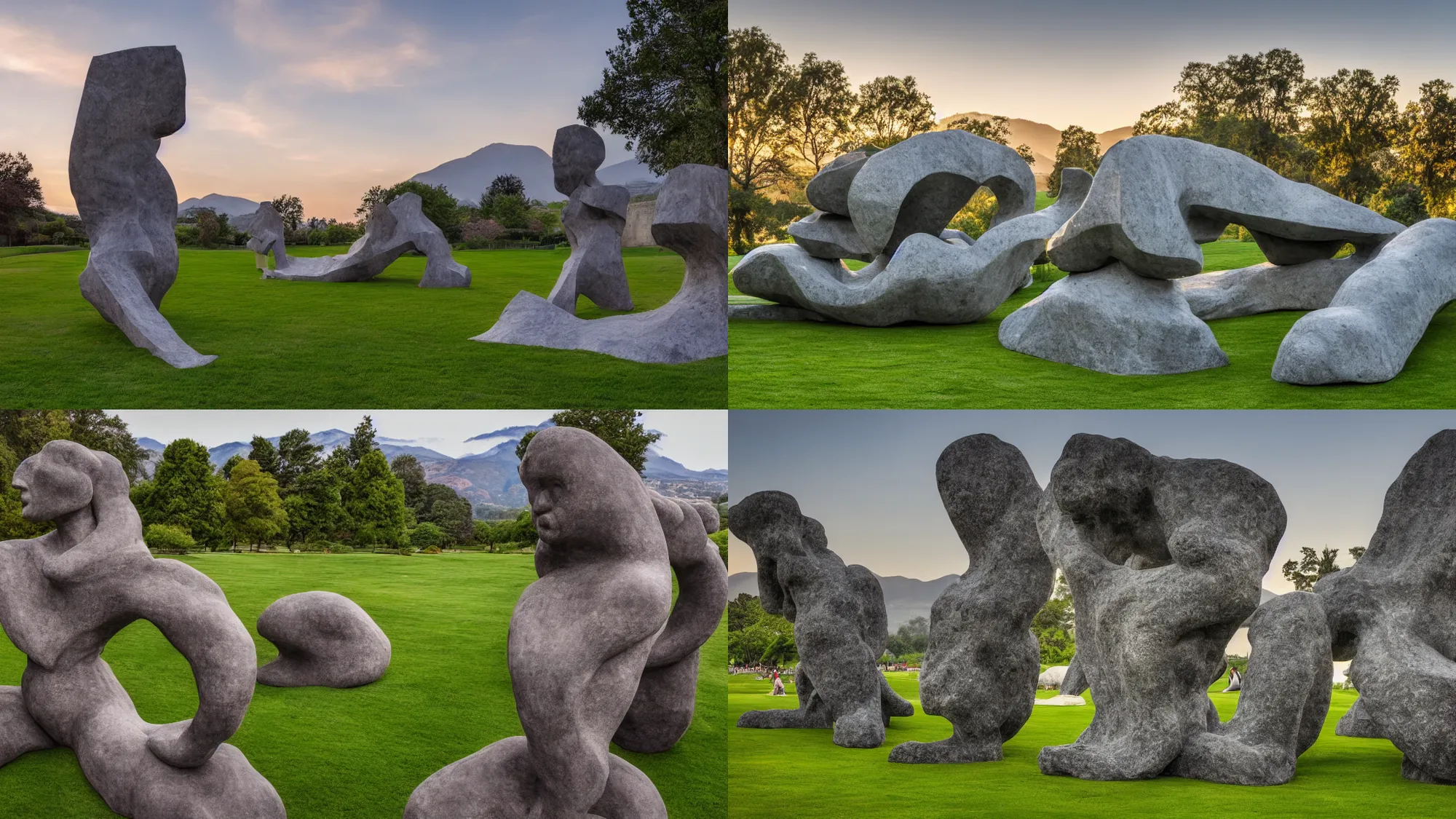 Prompt: a colossal abstract granite sculpture garden by Michelangelo and Henry Moore, on a green lawn, distant mountains, golden hour, 8k, DSLR Camera, award-winning photography, Enormous creatures augment my desire