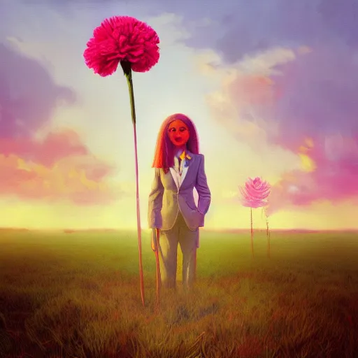 Image similar to giant carnation flower head, girl in suit, surreal photography, sunrise, dramatic light, impressionist painting, digital painting, artstation, simon stalenhag