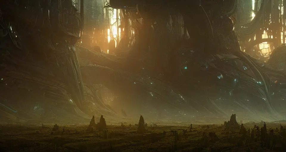 Image similar to Retro futuristic Sci-Fi space forest scene, Giant Aztec spaceship, volumetric light, fog, dusk lighting, intricate details ,by denis villeneuve, Ridley Scott, Greg Rutkowski and Alphonse Mucha